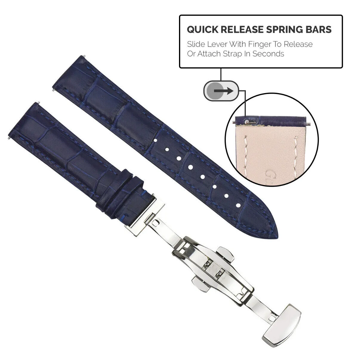 LEATHER WATCH BAND STRAP DEPLOYMENT CLASP QUICK RELEASE LONG - 18MM