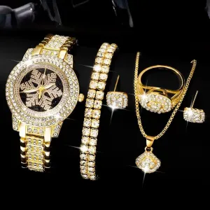 Luxury Golden Watch Women Ring Necklace Earrings
