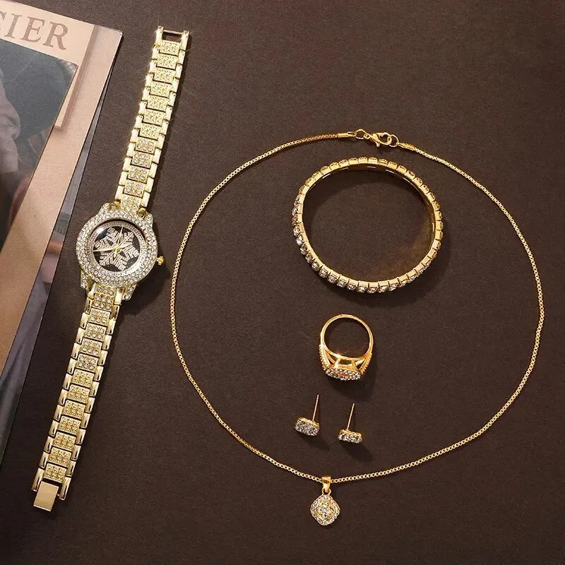 Luxury Golden Watch Women Ring Necklace Earrings