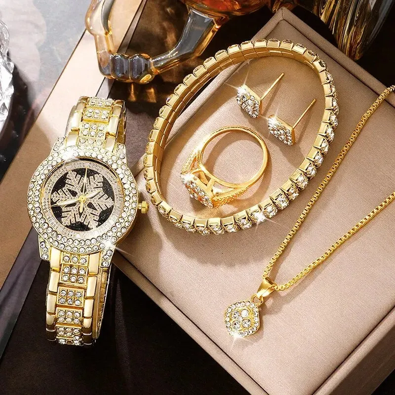 Luxury Golden Watch Women Ring Necklace Earrings