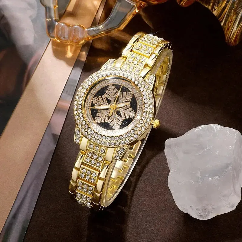 Luxury Golden Watch Women Ring Necklace Earrings