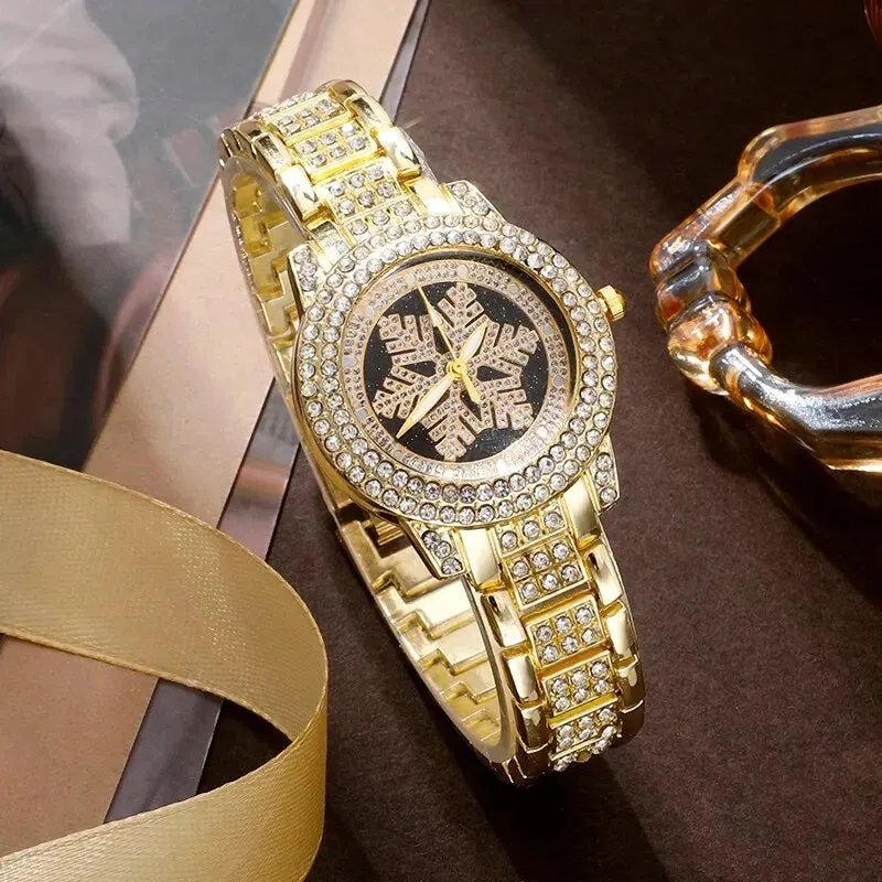 Luxury Golden Watch Women Ring Necklace Earrings