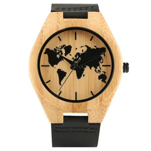 Minimalist World Map Wooden Watch for Men & Women - Simple Bamboo Wristwatch Woodcraft Friendsip Souvenior Gifts Clock