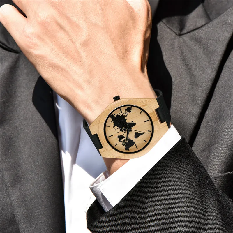 Minimalist World Map Wooden Watch for Men & Women - Simple Bamboo Wristwatch Woodcraft Friendsip Souvenior Gifts Clock