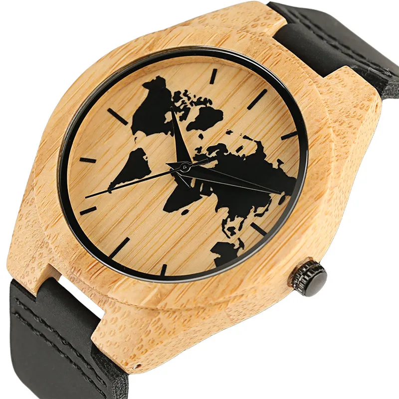 Minimalist World Map Wooden Watch for Men & Women - Simple Bamboo Wristwatch Woodcraft Friendsip Souvenior Gifts Clock