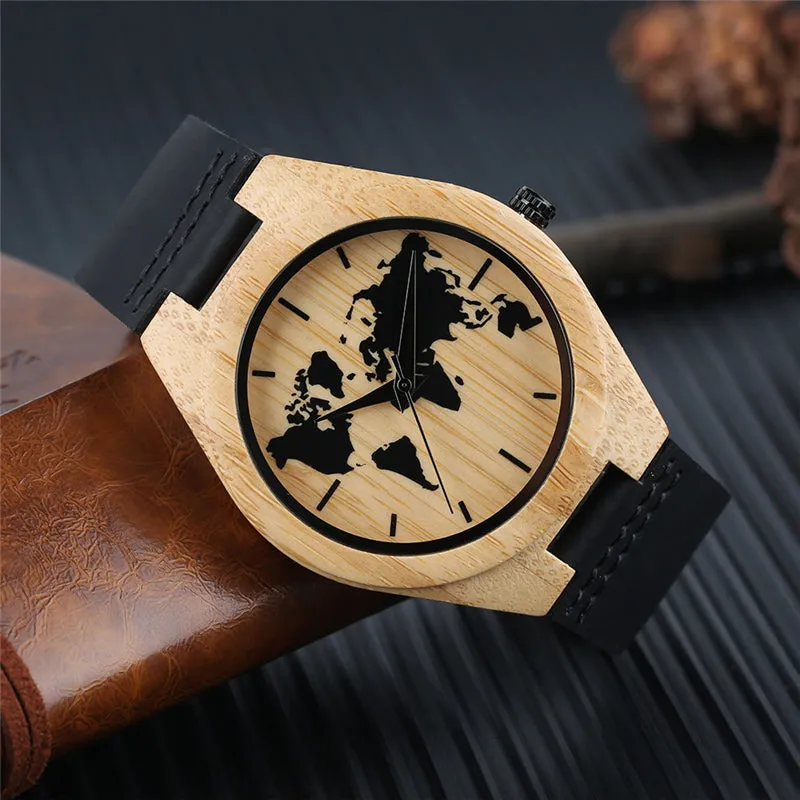 Minimalist World Map Wooden Watch for Men & Women - Simple Bamboo Wristwatch Woodcraft Friendsip Souvenior Gifts Clock