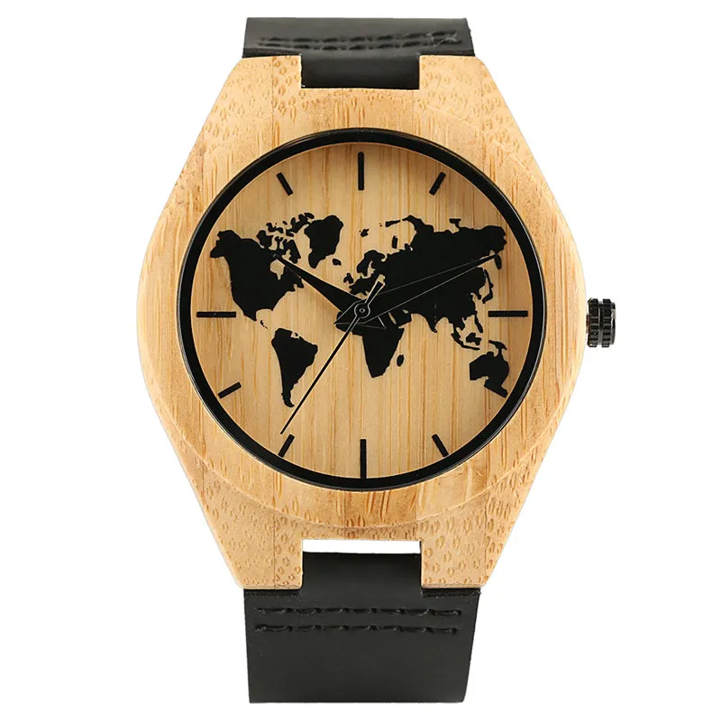 Minimalist World Map Wooden Watch for Men & Women - Simple Bamboo Wristwatch Woodcraft Friendsip Souvenior Gifts Clock