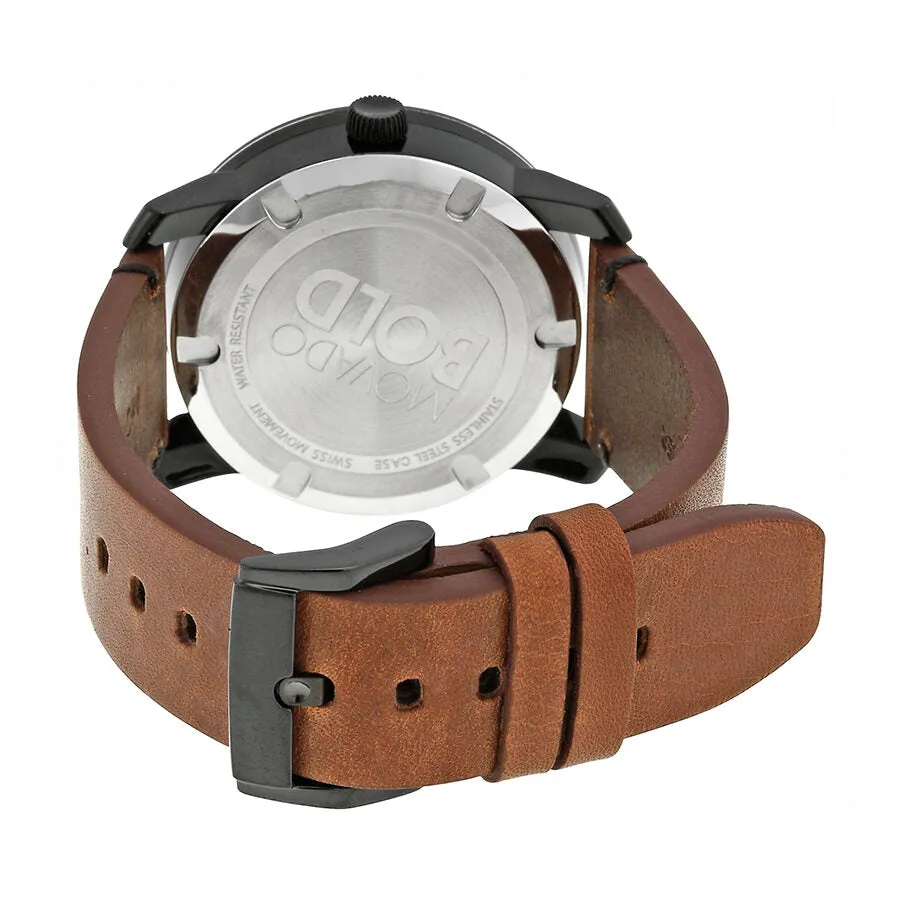 Movado Bold Black Dial Orange Hands Brown Leather Band Men's Quartz Watch 3600274