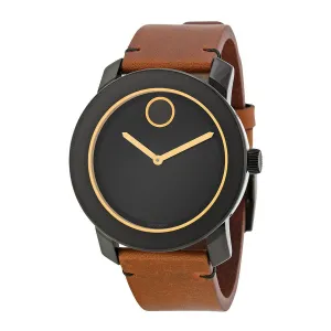 Movado Bold Black Dial Orange Hands Brown Leather Band Men's Quartz Watch 3600274