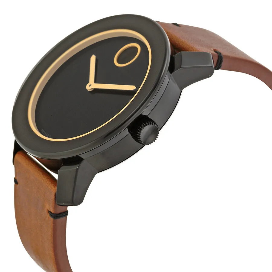 Movado Bold Black Dial Orange Hands Brown Leather Band Men's Quartz Watch 3600274