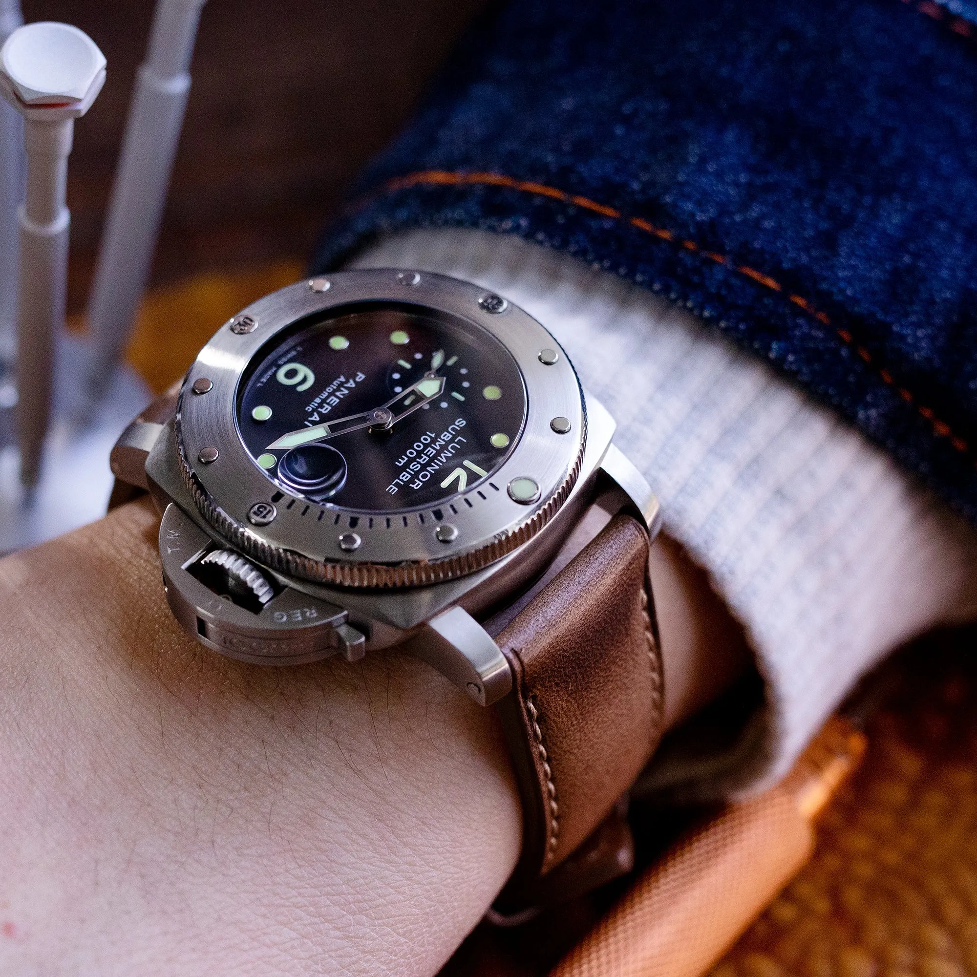 Pam Collection, Vintage Brown Horween Chromexcel Leather Watch Strap for Panerai, Beige Stitching
