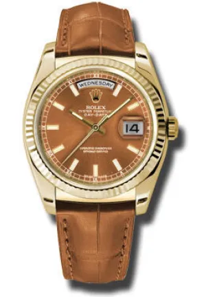 Rolex Day Date Cognac Dial 18K Yellow Gold Leather Men's Watch 118138COL