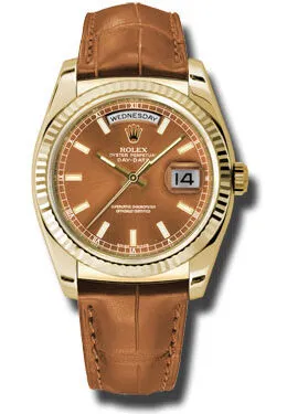 Rolex Day Date Cognac Dial 18K Yellow Gold Leather Men's Watch 118138COL