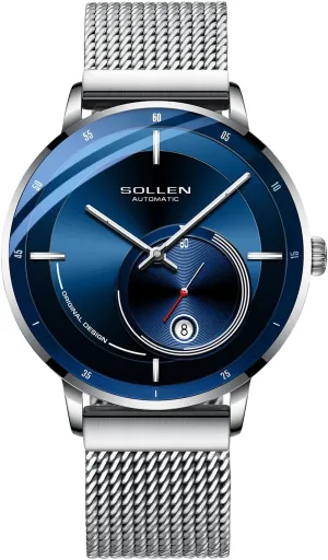 SOLLEN Men's Minimalist Automatic Watch, Original Mechanical Movement - 3ATM Water Resistant - Luminous Hands - Second Dial & Calendar & Stainless Steel Case, Gifts for Men