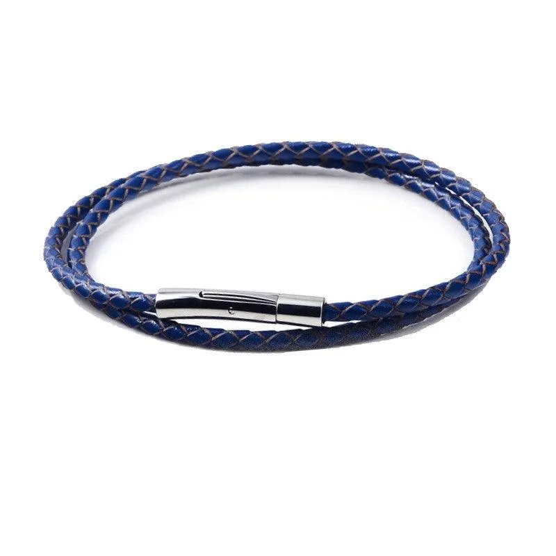 Stainless Steel Genuine 3mm Double Wrap Leather Bracelet