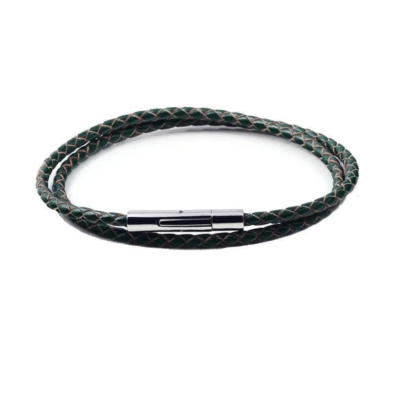 Stainless Steel Genuine 3mm Double Wrap Leather Bracelet