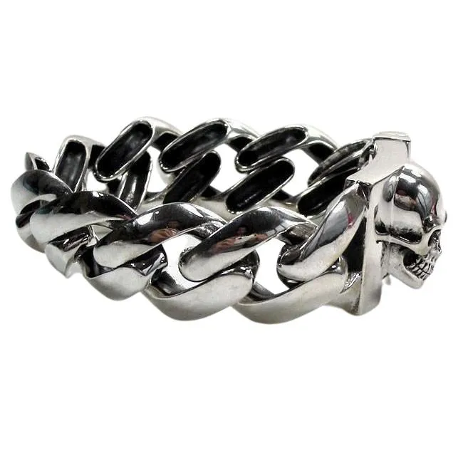 Sterling Siver Skull Cuban Mens Bracelet