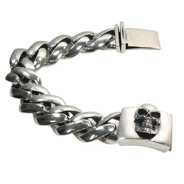 Sterling Siver Skull Cuban Mens Bracelet