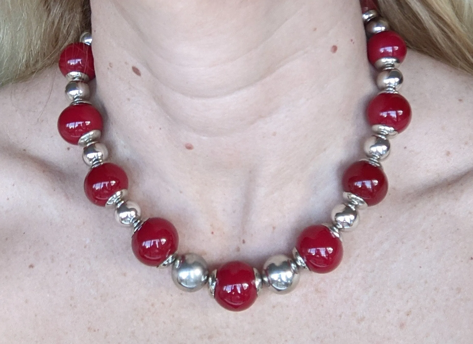 VIntage Art Deco Jakob Bengel machine age chrome and large bright lipstick red galalith bead chunky statement necklace - unused shop stock