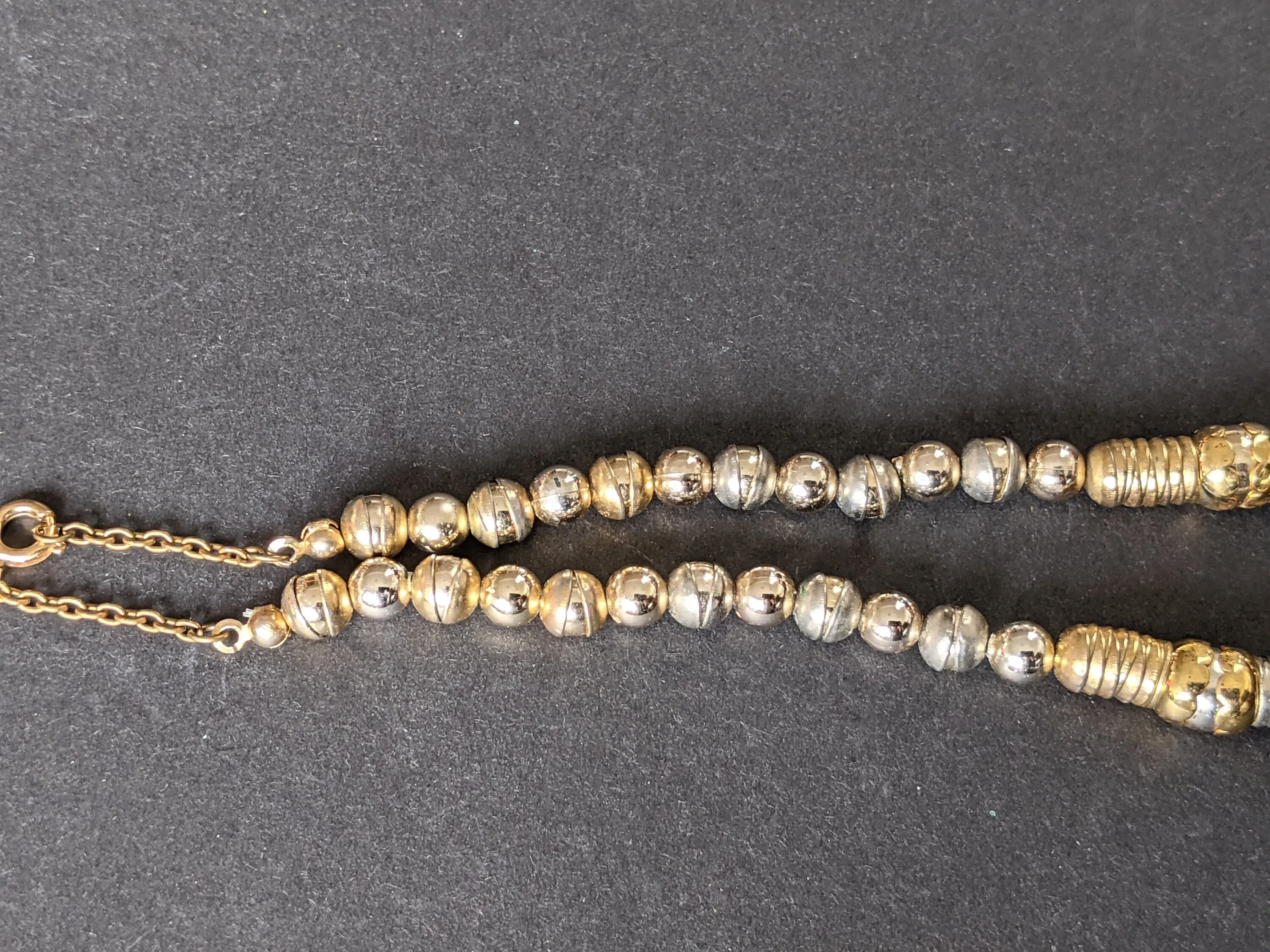 Vintage Jakob Bengel style Art Deco machine age gold and silver tone stacked cup bead geometric statement necklace