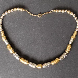 Vintage Jakob Bengel style Art Deco machine age gold and silver tone stacked cup bead geometric statement necklace